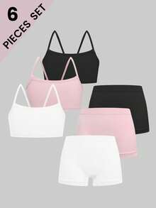 6pcs/Set Girls' Casual Fashion Unpadded Camisole Bras And Minimalist Seamless Comfortable Briefs Set - Multicolor - View 3