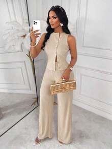 sin mangas a rayas Amarilo y pantalones rectos, conjunto de dos piezas, elegante y de negocios casual, último conjunto de mujer elegante para primavera/verano - Albaricoque - Ver 12