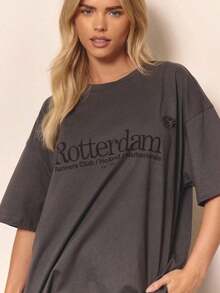 Camiseta de cuello redondo suave y oversize, casual, linda, holgada, cómoda, de uso urbano, elegante para primavera y verano, ideal para vacaciones - Gris Oscuro 2 - Ver 2