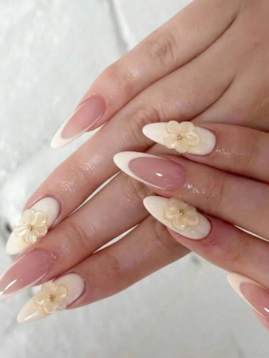 10 móng giả thủ công màu trắng kiểu Pháp, họa tiết hoa 3D, tông màu nude, thanh lịch, tối giản, sang trọng, cao cấp. - trắng - Xem 1