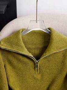 Pull court à demi-zip pour femmes, pull à col montant moelleux, Top tricoté thermique pour tenues décontractées d'automne et d'hiver, rentrée scolaire, Halloween - Jaune moutarde - Voir 5