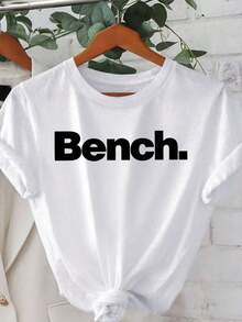 Algodón / 100% Algodón Primavera y Verano Casual Minimalista, Camiseta de Manga Corta Moderna Minimalista para Mujer - Blanca con Gráfico "Bench" en Blanco Intenso, Camiseta Cómoda de Cuello Redondo para Mujer para Primavera, Verano, Otoño, Ropa de Ocio al Aire Libre, Camiseta de Manga Corta Negra. - Blanco - Ver 5