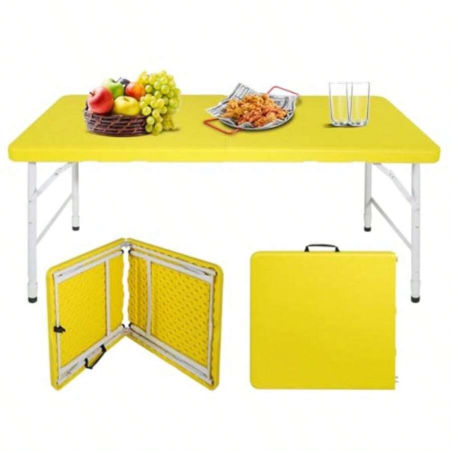 Mesa plegable de plástico, portátil, resistente, para picnic, comedor, cocina, fiesta, para camping, interior y exterior, tamaños de 121, 183 y 244 cm, color, negro - Amarillo - Ver 1