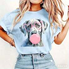 Silver Labrador, Gray Labrador Dog, Retriever Dog, Mom Dog, Valentine's Day Shirt Design, Dog Blowing Pink Bubbles, DTF Sublision 220G High-Density Pure Cotton T-Shirt - Soft And Gentle, Suitable For Daily Wear, Gym Sessions, And Vacation - 藍色 - 查看 5