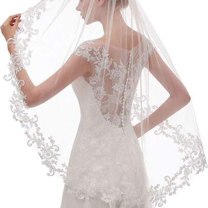 1pc White/Ivory Floral Lace Applique Bridal Veil With Metal Comb