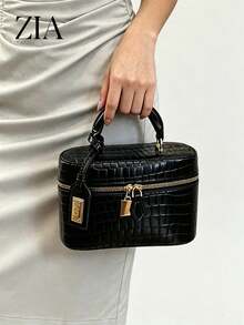 Nuova borsa a mano con stampa coccodrillo, borsa a manico superiore di ispirazione di lusso con accessori color oro, portafoglio in pelle PU versatile per occasioni quotidiane e formali delle donne - nero - Visualizzare 8
