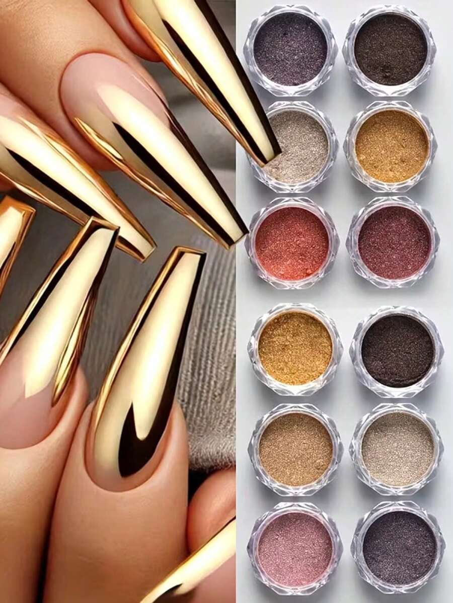 12pcs/Set Elegant Golden Metallic Nails Glitter Magic Mirror Powder Autumn Winter Reflective Glitter Dust Y2K Luxury Design Nail Art Decoration Festive Manicure - Multicolor - View 1