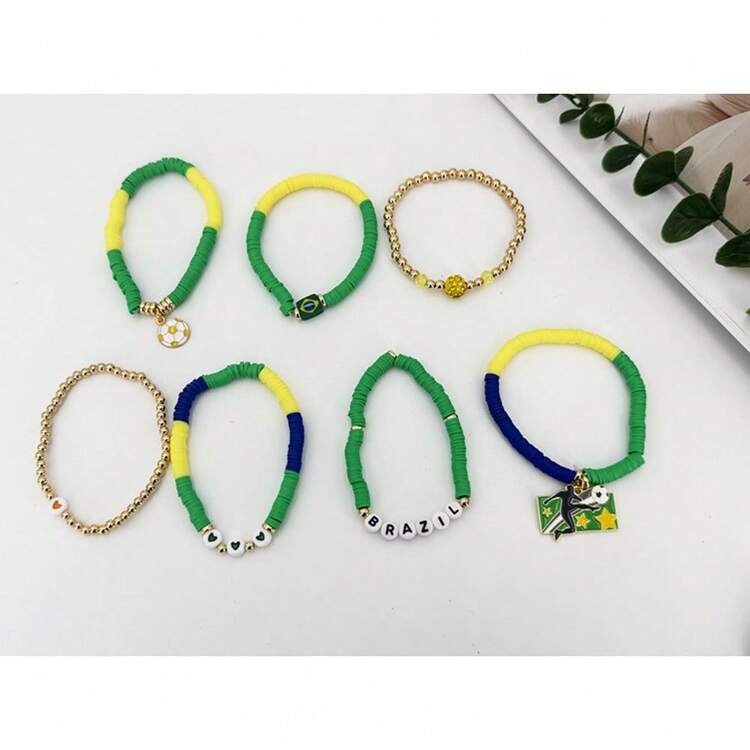 Set de pulseras de arcilla polimérica con diseño de fútbol, pulseras elásticas con cuentas de colores multicolor para fans de deportes, regalos de fiesta - Pulsera de fútbol - Añade 19
