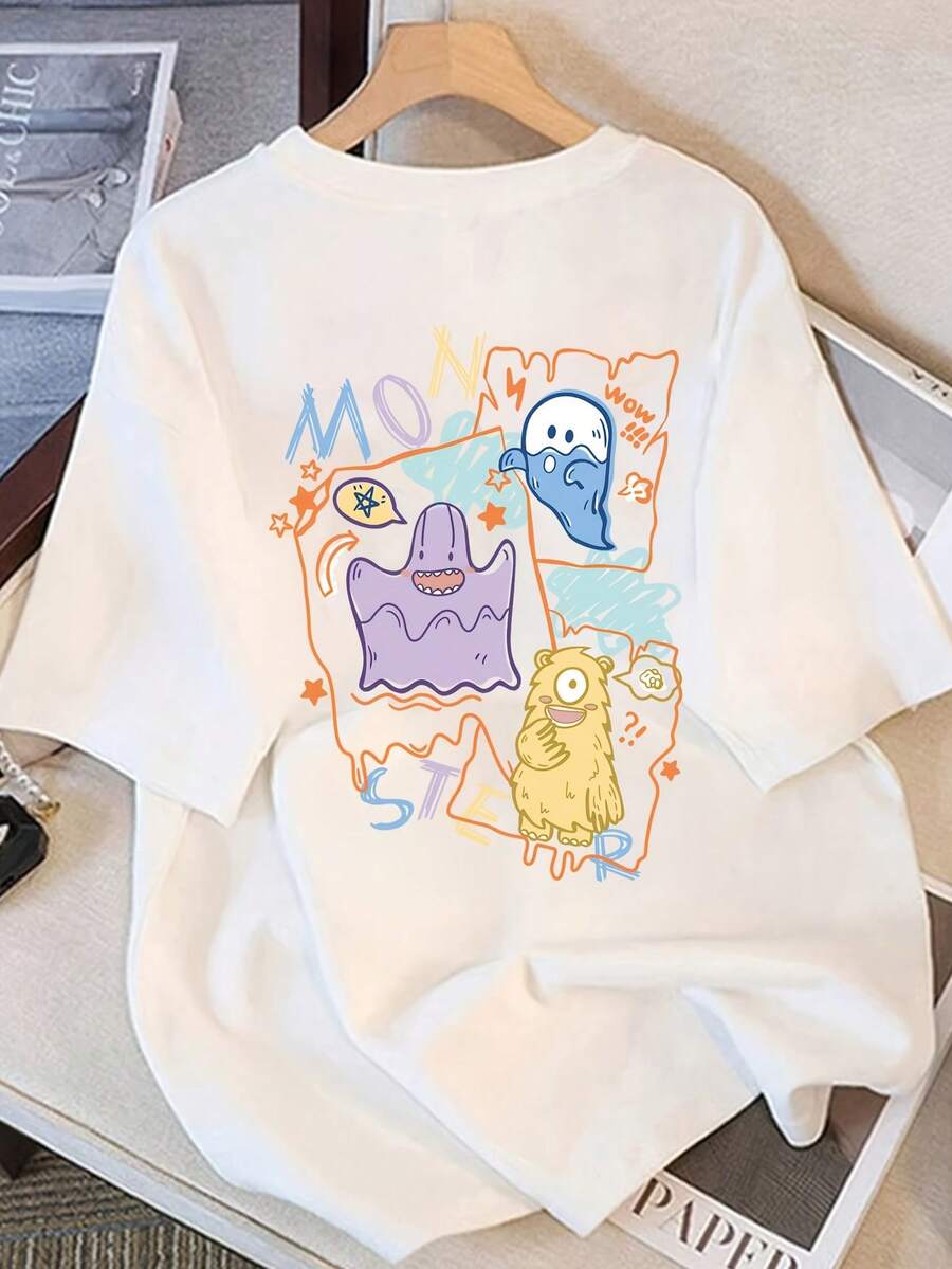 Women's Pure Cotton Short Sleeve T-Shirt, Cartoon Print Top, Regular Shoulder, Short Sleeve, Loose Summer Top, New Style 2024 #3333 Women's Going Out Blouses - 白色 - 查看 1