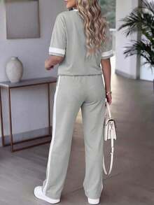 Conjunto de 2 piezas para mujer de primavera/verano, top de manga corta de cuello redondo y contraste de color casual y versátil, y pantalones rectos de cintura alta con cordón - Gris 84 - Ver 7