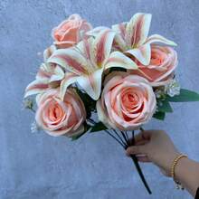 Ramo de colores de primavera: rosas y lirios mixtos de 9 varillas con rosas - Flores de corte fresco para decoración del hogar, boda, aniversario, regalo-G JDI2 - Naranja - Ver 8