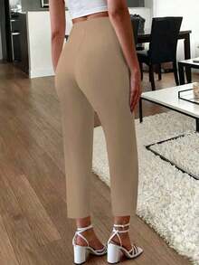 Pantalones elegantes de oficina con bolsillos laterales plisados y ajuste ceñido para mujer, de uso casual en primavera - Caqui 2 - Ver 2