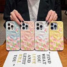 Pastel Tulip Print Wavy Phone Case, Shockproof Protector With Raised Corners, Anti-Scratch Anti-Fingerprint, Fresh Flower Design Compatible With IPhone 17 16 15 14 13 12 Pro Max - White - View 6