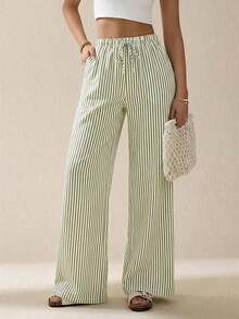 Pantalones largos de rayas con cintura de cordón para uso diario, atuendos de mujer de verano casuales - Verde militar - Ver 1