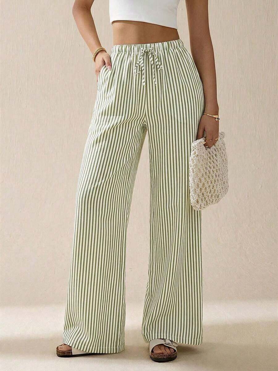 Pantalones largos de rayas con cintura de cordón para uso diario, atuendos de mujer de verano casuales - Verde militar - Ver 1
