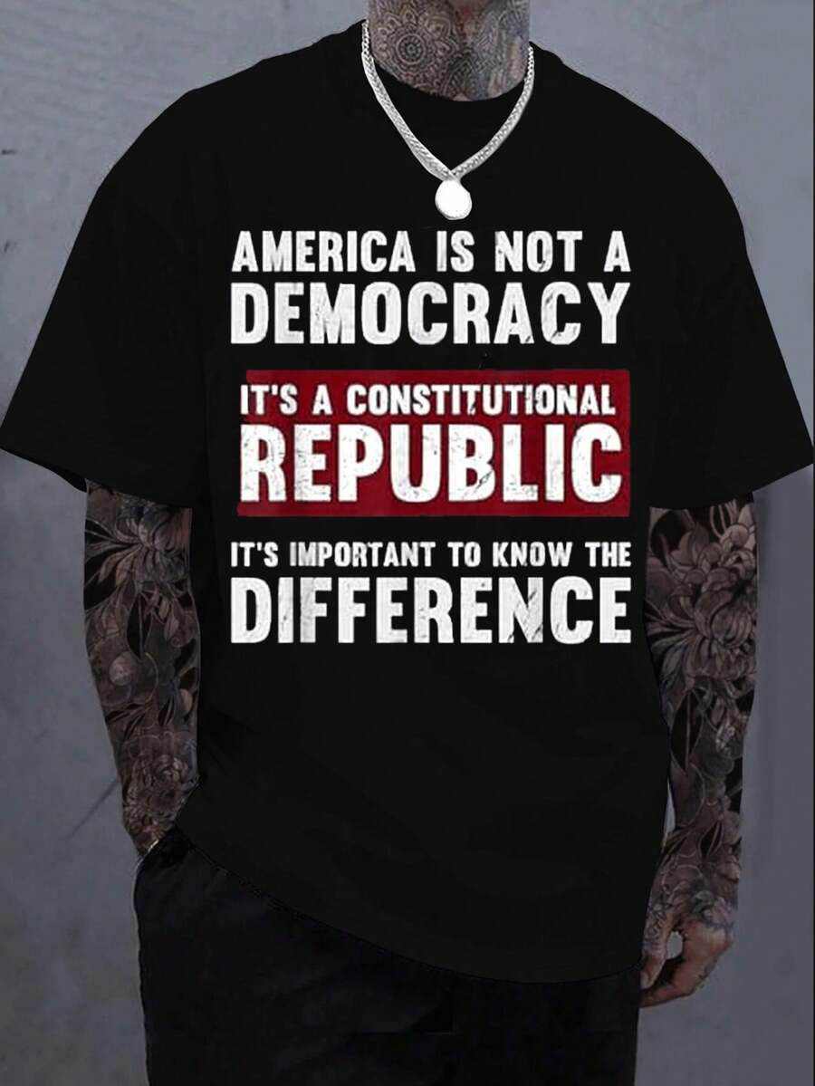 Patriotic T-Shirt With The Message 'America Is Not A, But A Constitutional Republic' In White Letters, Designed For Comfortable Everyday Casual Wear For America Supporters. - Black - View 1