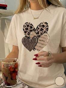 Nueva camiseta de manga corta con cuello redondo para mujeres, diseño primavera-verano, combina perfectamente un estampado moderno y minimalista en forma de corazón sobre fondo , transpirable y absorbe la sudoración. Envío directo desde nuestro almacén local, modelo para parejas, ideal para llevar en pareja.Pure-Cotton - Albaricoque - Ver 2