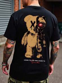 Manfinity Roughcore Hombres Camiseta con estampado de oso y letra - Negro - Ver 1