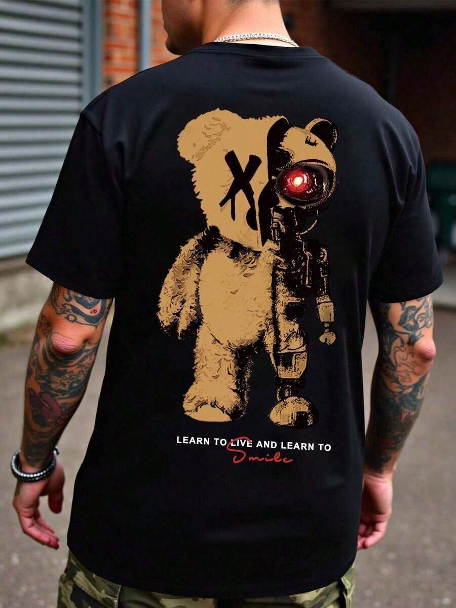 Manfinity Roughcore Hombres Camiseta con estampado de oso y letra - Negro - Ver 1
