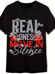 Camiseta para hombre con un llamativo diseño de dinero y la frase 'Los verdaderos se mueven en silencio' junto a un signo de dólar rojo.Esta camisa holgada de cuello redondo es transpirable y adecuada para usar en todas las estaciones, talla grande. - Negro - Ver 1