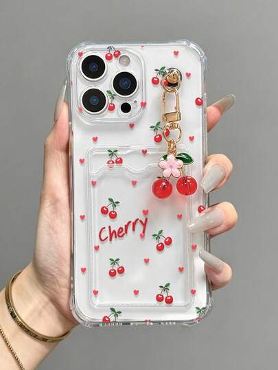 Porte-cartes transparent peint de cerises avec bracelet fraise, étui de téléphone épais antichoc compatible avec iPhone 17/17 Pro/17 Pro Max, 16/11/16 Pro/16 Plus/16 Pro Max/16e, 15 Pro Max, 13/14/12/XS/XR/7G/8P, Galaxy