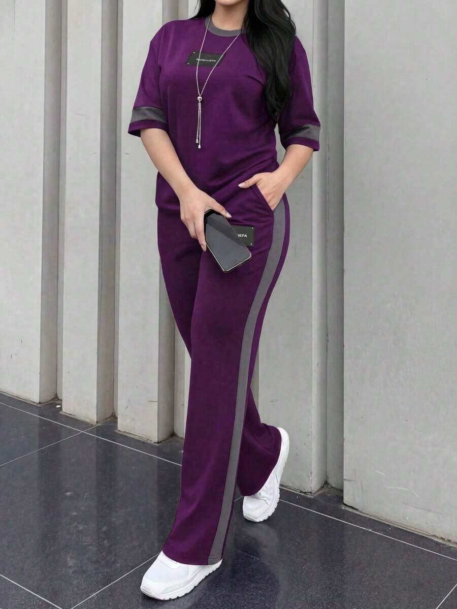 2 piezas Conjunto de camiseta de manga corta de cuello redondo y pantalones sueltos de cintura elástica para mujer, para uso diario casual y elegante en primavera/otoño - Morado oscuro 64 - Ver 1