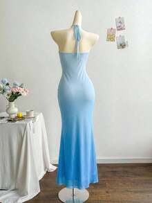 2026 Women's Romantic Gradient Mesh Knit Holiday Dress With Halter Neck, Bow And Decorative Metal Buckle, Mermaid Cut, Suitable For Parties, Dates, Afternoon Tea, Sexy And Elegant - 黑色 - 查看 9