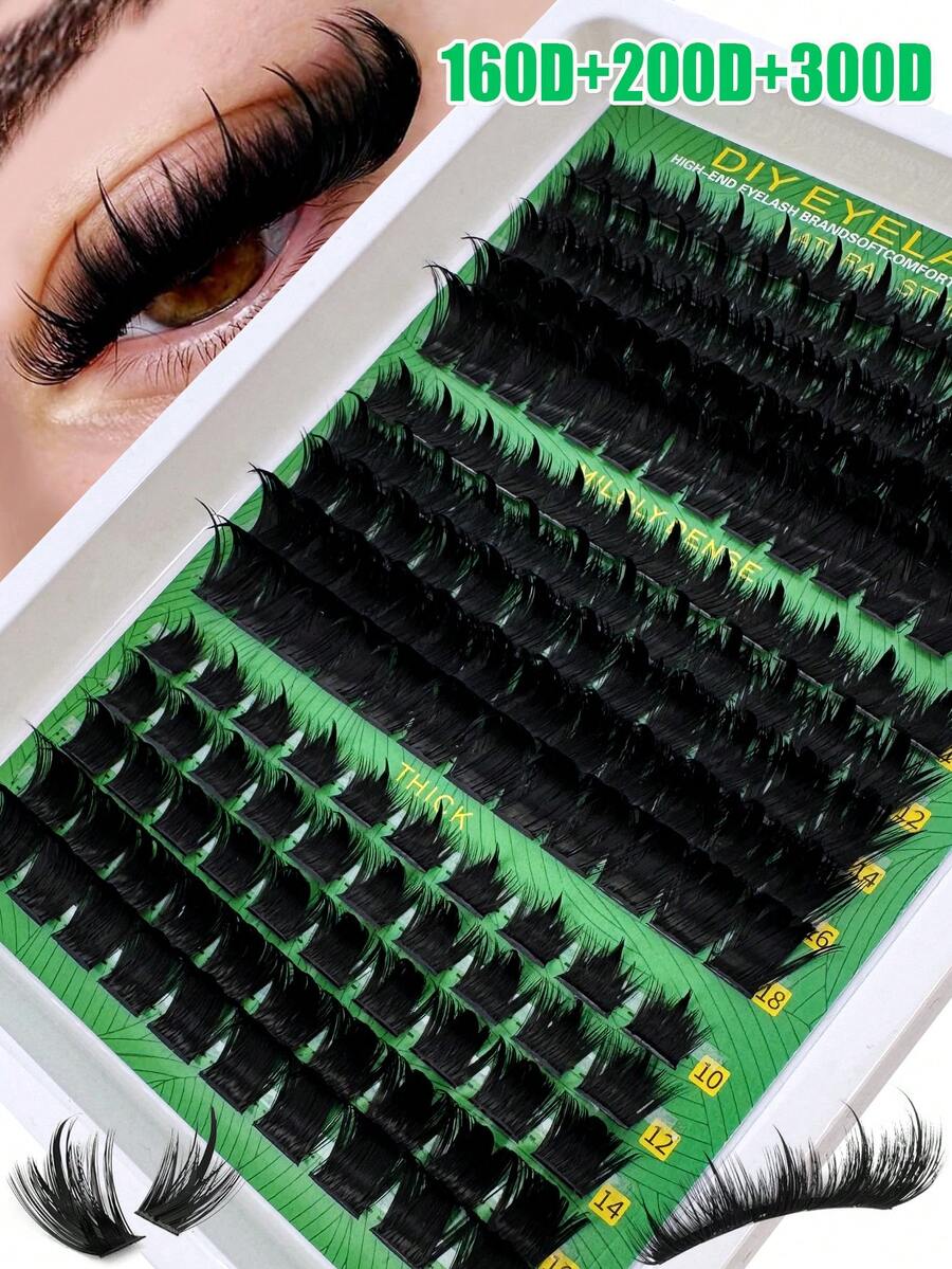 180pcs/260pcs 300D+200D+160D/60D+100D+160D Spiky Cluster Eyelash Extension, 10-18mm Super Fluffy Realistic Lashes, D-Curl Flirty DIY Personal Fairy Cluster False Eyelashes, Home Use - DD - 查看 1