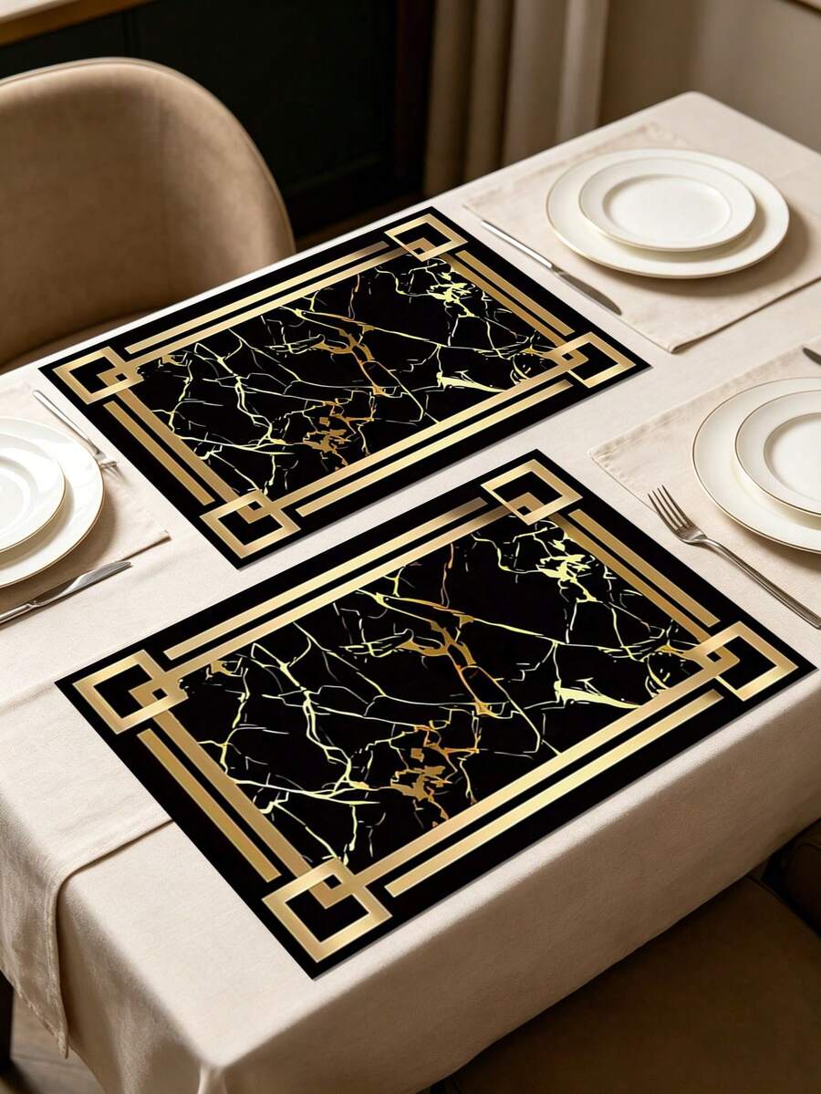 1pc 45*30cm Black & Gold Geometric Frame Placemat, Minimalist Luxury Leather Rectangular Waterproof Dining Table Mat, Suitable For New Year Gatherings, Luxury Hotels, Wedding Banquets - Multicolor - View 1