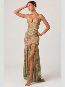 Women's Short Printed Strappy Dress - High Waist With Side Slit, Beachy Holiday Style - New Arrival Summer 2026 - 綠色 - 查看 8