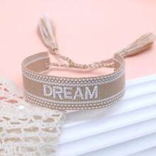 1条绣有“DREAM”字母的手工编织波西米亚复古简约可调节手链，适合派对和日常佩戴。 - 駝色 - 查看 7