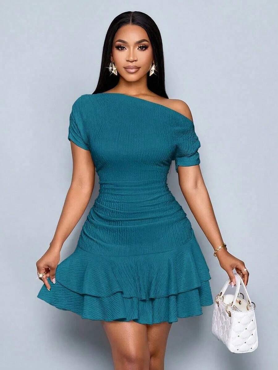 Women's One Shoulder Ruffle Dress Slim Fit Solid Color Elegant Stylish Summer Bodycon Midi Dress - Peacock Blue - View 1