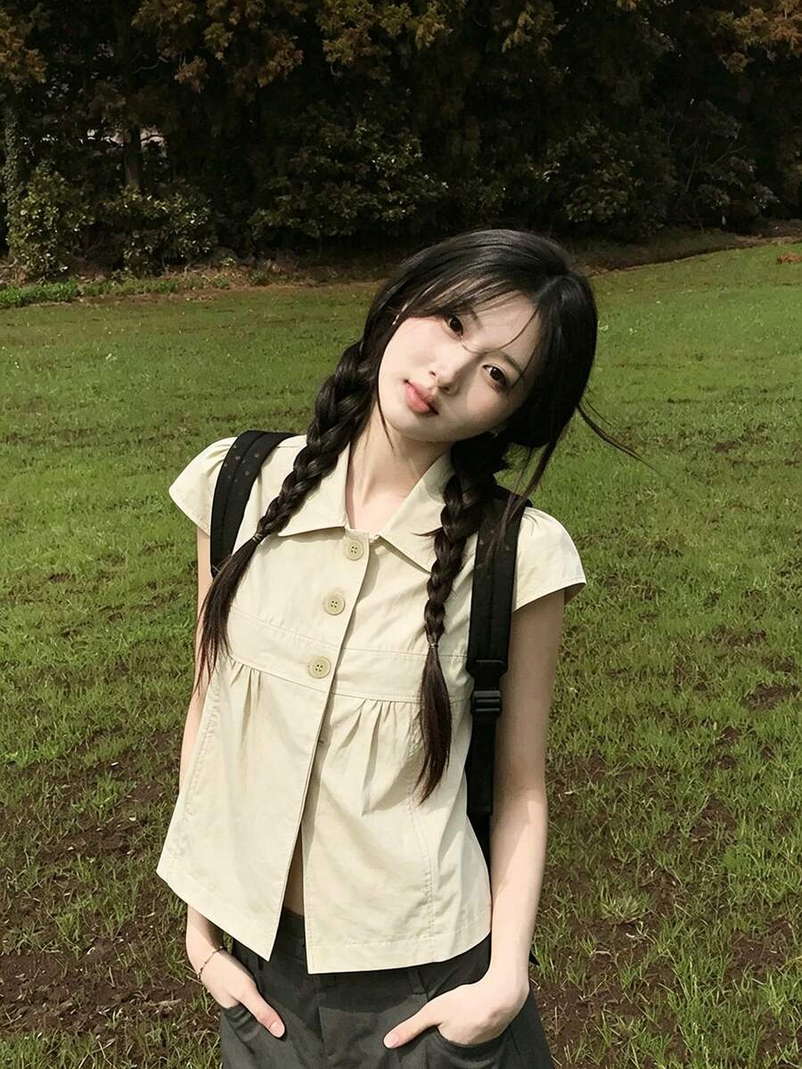 Utility Peter Pan Collar Cap Sleeve Shirt For Women, Summer Korean Retro Design 3-Button Loose Cap Sleeve Top - Khaki - View 1