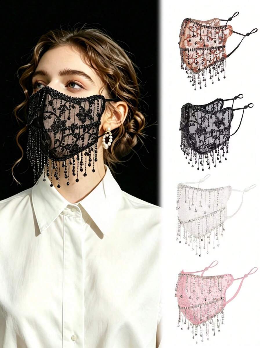 1pc Women's Fashion Faux Crystal Tassel Breathable High-Aesthetic Half Face Mask, Suitable For Party And Banquet Matching - Multicolor - View 1