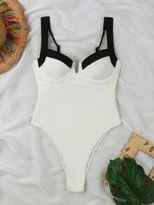 Traje de baño de una pieza negro, de cuello en V, elegante y sexy, de llegada nueva primavera/verano de Polovedo, adecuado para la playa, vacaciones, fiestas y citas - Blanco - Ver 2