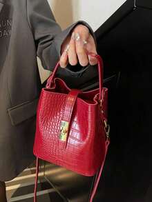 Q1SP Nueva bolsa de cubo con cordón de mujer de unicolor con textura tejida, bolso de mano y de hombro de moda - Marrón - Ver 12