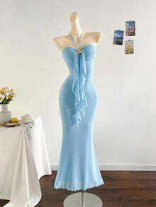 2026 Women's Romantic Gradient Mesh Knit Holiday Dress With Halter Neck, Bow And Decorative Metal Buckle, Mermaid Cut, Suitable For Parties, Dates, Afternoon Tea, Sexy And Elegant - 灰色 - 查看 3