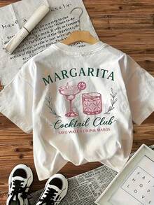 Camiseta Vintage para Mujer para Fiestas de Cóctel - Estampado de Margarita en Ambos Lados, Manga Corta con el eslogan "Ahorra Agua, Bebe Margaritas" - Cuello Redondo, Ropa Casual, Adecuada para Eventos de Bartenders, Uso Diario, Estilo de Fin de Semana, Diseño Divertido, Material de Alta Calidad, Imprescindible para Mujeres Juguetonas y a la Moda. - Blanco - Ver 2