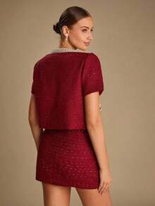 Chaqueta elegante de mujer con adornos de perlas y mangas cortas, para verano - Rojo - Ver 7