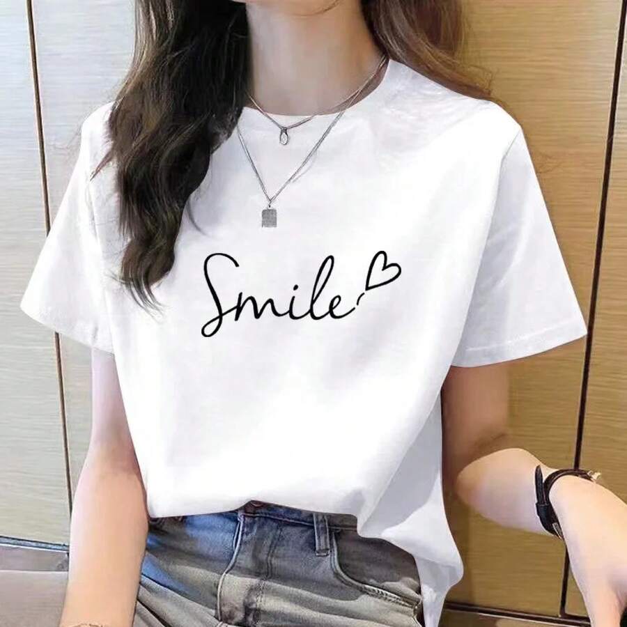 Camiseta de manga corta para mujer, camisa coreana con cuello redondo, tops estampados - H501-Blanco - Ver 1