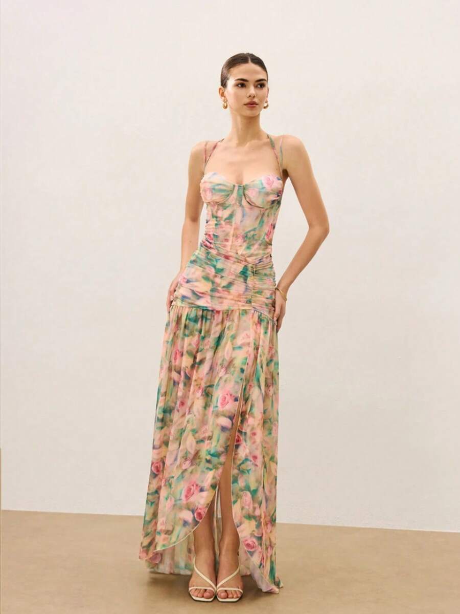 Women's Short Printed Strappy Dress - High Waist With Side Slit, Beachy Holiday Style - New Arrival Summer 2026 - 卡其色 - 查看 1