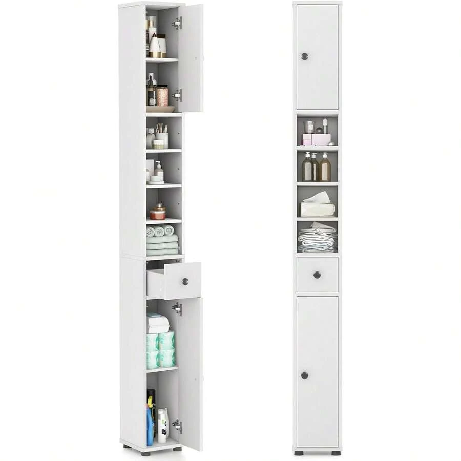 Tall Slim Bathroom Storage Cabinet, 71" Freestanding Bathroom Cabinet W/ 2 Doors, 1 Drawer & 5 Adjustable Shelves, Floor Narrow Tower Cabinet For Small Spaces, 8" X 8" X 71" (White) - 1 - View 1