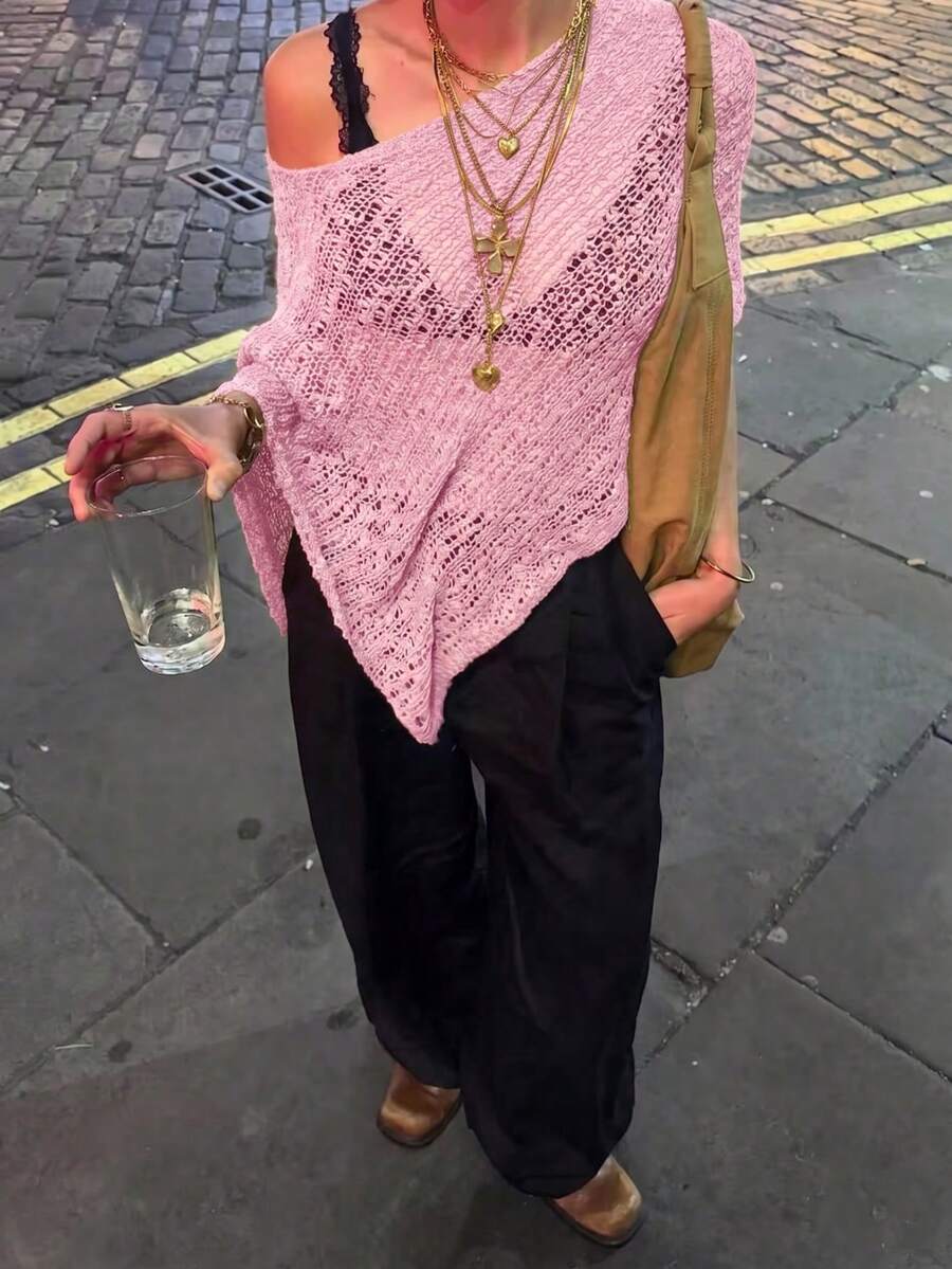 Vivid Style 女款不對稱鏤空休閒百搭披肩圍巾,度假海灘派對時尚,防曬寬鬆慵懶針織罩衫,戶外約會夏季海灘派對適用 - 粉色 - 查看 1