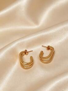 1 Pair Stainless Steel Classic Oval Earrings, Gold Tone Double Layer Earrings, Non-Fading Fashion Accessories For Women, Suitable For Dining, Party - Gold - View 5