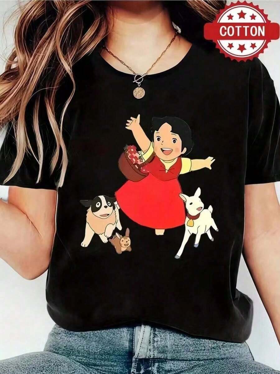 Nueva camiseta de cuello redondo para mujer, manga corta, holgada, casual y versátil con ‌ estampado de dibujos animados a la moda ‌ , tejido suave y de buena caída