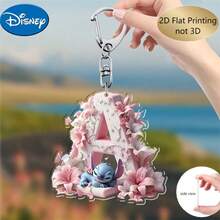 Disney 2D飞机，2D飞机印刷，1个迪士尼亚克力钥匙扣，26个英文字母，史迪奇粉色花朵图案设计，可爱包包钥匙扣，情侣钥匙扣，汽车钥匙扣，史迪奇粉丝生日礼物，2D飞机，节日完美之选 - 彩色 - 查看 4