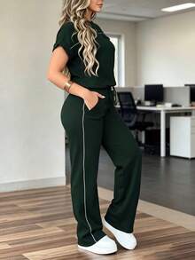 Conjunto de 2 piezas de mujer con top de cuello redondo de unicolor minimalista de manga corta y pantalones rectos de cintura alta, elegante para primavera/verano - Verde oscuro 1 - Ver 8