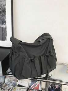 Bolso bandolera unisex de gran capacidad, bolso de hombro impermeable de nailon con cordón y múltiples bolsillos - Gris Oscuro - Ver 2