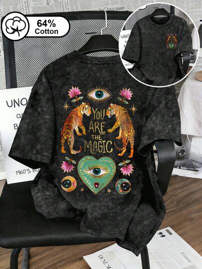Áo thun nữ cỡ lớn, kiểu vintage wash in chữ "You Are The Magic" với họa tiết mắt hổ đôi, áo thun tay dài cổ tròn phong cách Bohemian Mycasual, áo mùa hè.