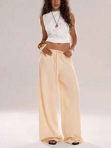 Women's Solid Color Casual Everyday Pants With Drawstring Waist - Apricot - View 4